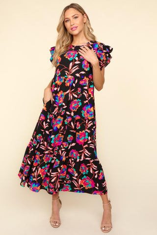 Haptics Ruffled Printed Round Neck Cap Sleeve Dress