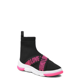 Love Moschino - Black High-Top Platform Sneakers with Pink Contrast Logo Print