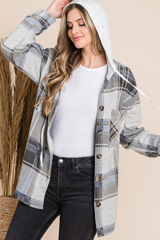 Reborn J Plaid Button Up Drawstring Hooded Jacket