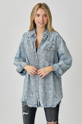 RISEN Distressed Raw Hem Denim Shirt