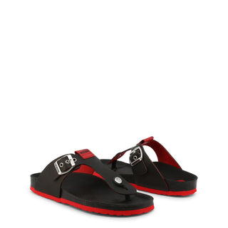 Love Moschino - Buckled Strap Leather Flip-Flops with Solid Color Soles