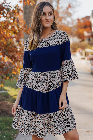 Animal Print Color Block Flare Sleeve Dress