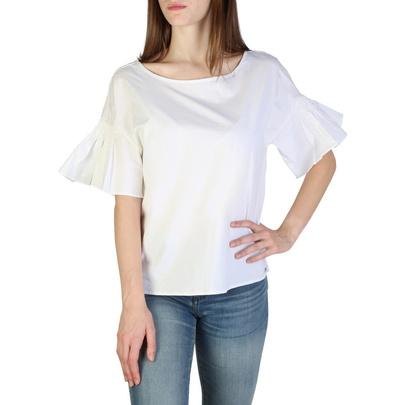 Armani Exchange - Round Neck Frill-Sleeved White Cotton T-Shirt