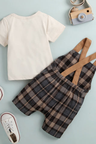 Baby Round Neck Tee and Plaid Overalls Set