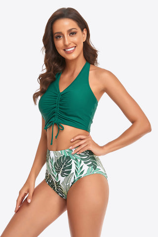 Botanical Print Halter Neck Drawstring Detail Bikini Set