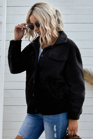 Button Front Drop Shoulder Collared Sherpa Jacket