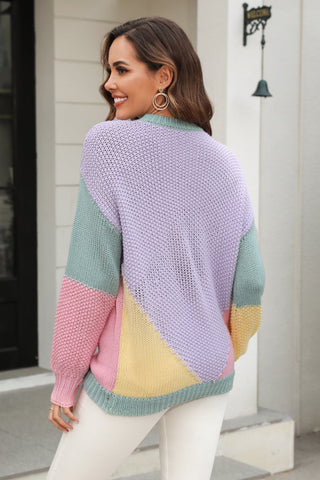 Double Take Color Block Round Neck Drop Shoulder Sweater