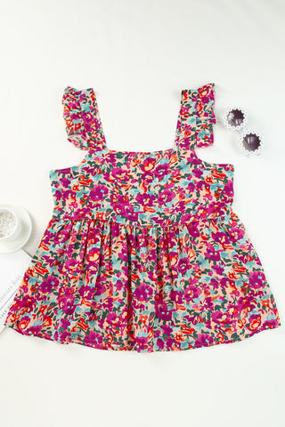 Floral Buttoned Square Neck Ruffled Tank