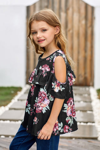 Girls Floral Cold-Shoulder Ruffled Top