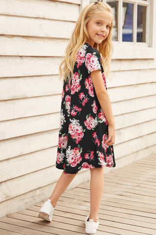 Girls Floral Round Neck Short Sleeve Dress with Pockets