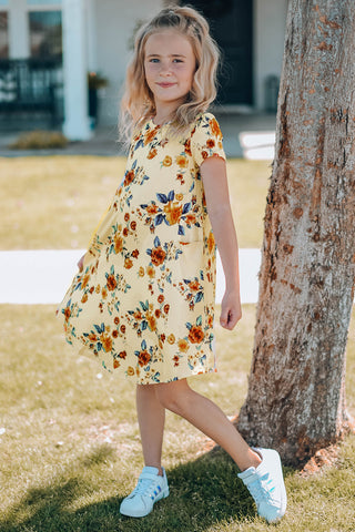 Girls Floral Round Neck Short Sleeve Dress with Pockets