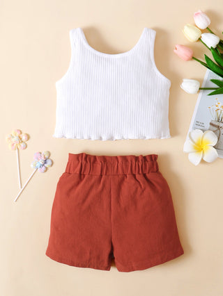 Girls Ribbed Notched Tank and Bow Detail Shorts Set