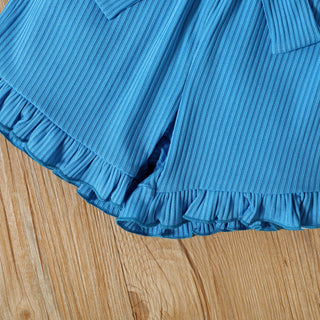 Girls Ribbed Top and Belted Ruffle Hem Shorts Set