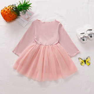 Girls Round Neck Ribbed Tulle Dress