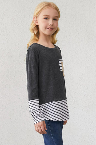 Girls Striped Color Block Sequin Pocket Top