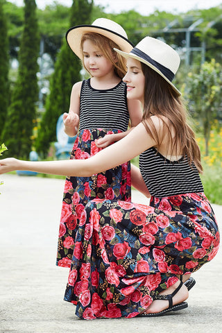 Girls Striped Floral Spliced Dress