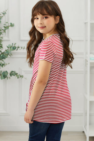 Girls Striped Round Neck Twisted Tee Shirt