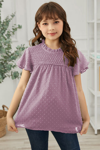 Girls Swiss Dot Smocked Flutter Sleeve Blouse