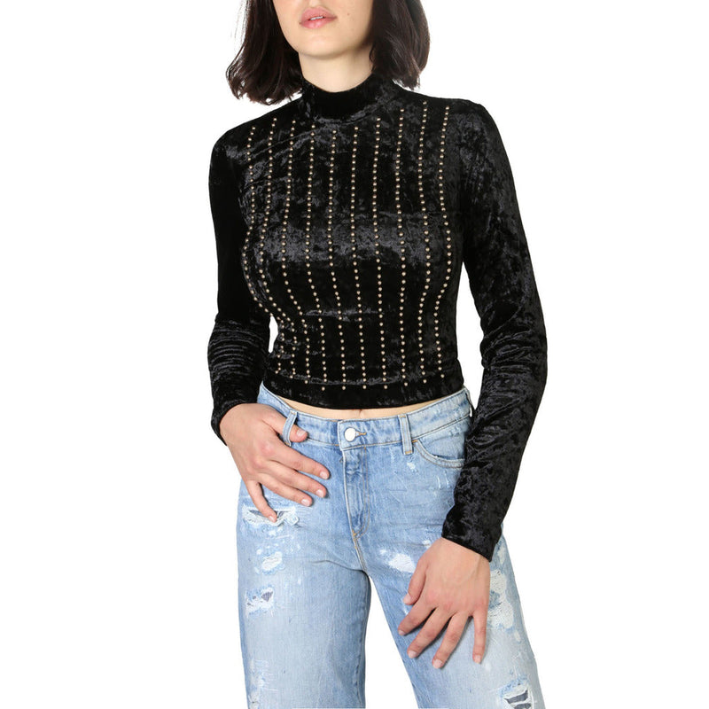 Guess - Striped Studded Rear-Zip Black Cropped Sweater