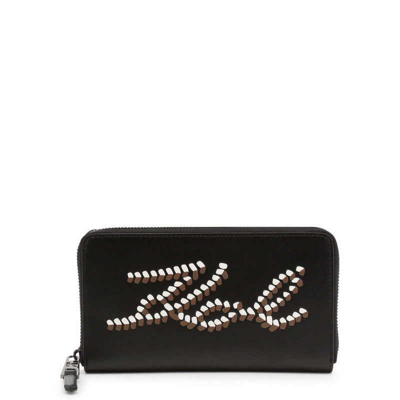 Karl Lagerfeld - Black Leather Zip-Up Wallet with Gunmetal Hardware and Logo