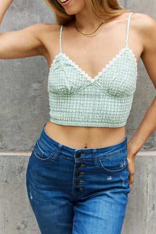 Leto Gingham Daisy Trim Smocked Bustier/Bralette in Sage