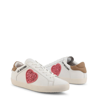 Love Moschino - Low-Top Leather Sneakers with Glittery Heart Embroideries