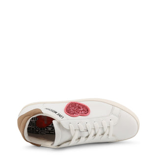 Love Moschino - Low-Top Leather Sneakers with Glittery Heart Embroideries