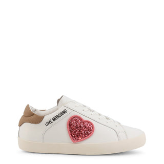 Love Moschino - Low-Top Leather Sneakers with Glittery Heart Embroideries