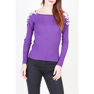 Pinko - Ribbed Lace-Up Boatneck Top with Long Sleeves