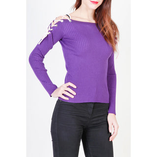 Pinko - Ribbed Lace-Up Boatneck Top with Long Sleeves