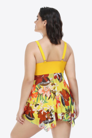 Plus Size Floral Two-Tone Asymmetrical Hem Two-Piece Swimsuit