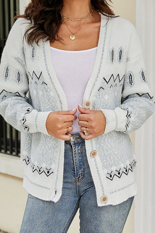 Printed V-Neck Buttoned Cardigan