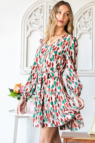 Printed V-Neck Long Sleeve Tiered Dress