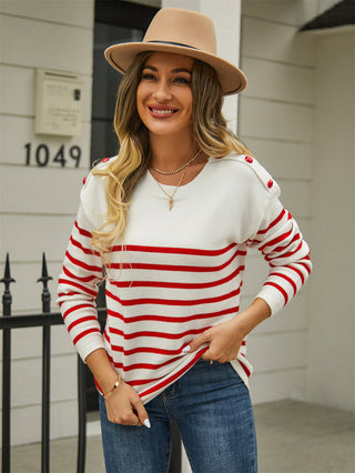 Round Neck Shoulder Button Striped Pullover Sweater
