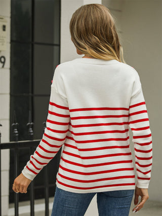 Round Neck Shoulder Button Striped Pullover Sweater