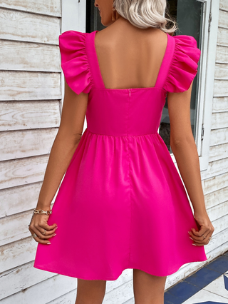Ruffled Square Neck Dress in hot pink