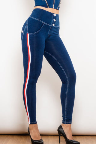 Shascullfites Side Stripe Buttoned High Waist Skinny Jeans