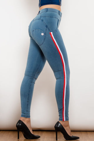 Shascullfites Side Stripe Contrast Buttoned Skinny Jeans