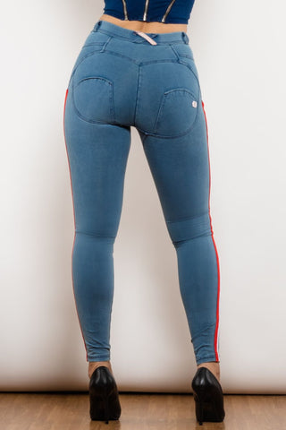Shascullfites Side Stripe Contrast Buttoned Skinny Jeans