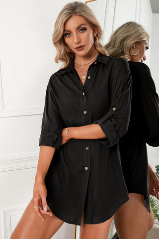 Solid Button Up Drop Shoulder Blouse