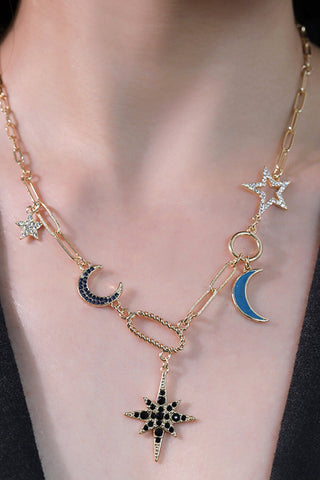 Star and Moon Rhinestone Alloy Necklace