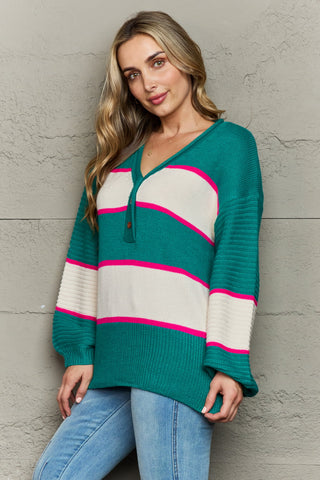 Striped Dropped Shoulder Side Slit Sweater