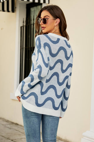 Wave Stripe Ribbed Trim Tunic Sweater