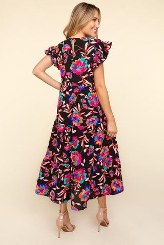 Haptics Ruffled Printed Round Neck Cap Sleeve Dress