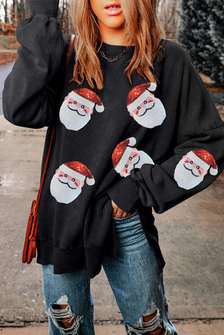 Sequin Santa Round Neck Slit Sweatshirt