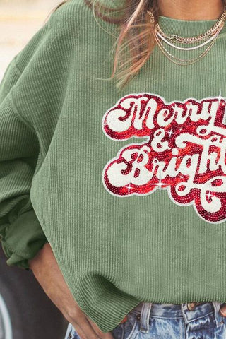 Ribbed Sequin Letter Graphic Round Neck Long Sleeve Sweatshirt