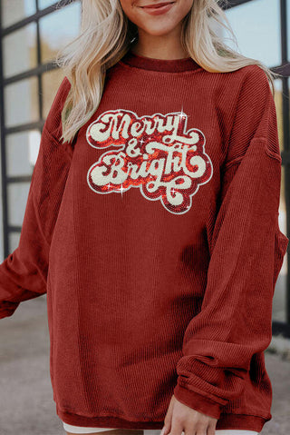 Ribbed Sequin Letter Graphic Round Neck Long Sleeve Sweatshirt