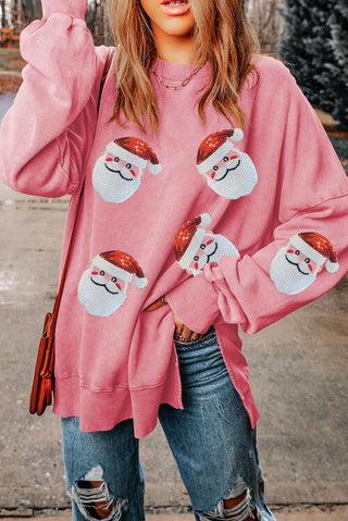 Sequin Santa Round Neck Slit Sweatshirt